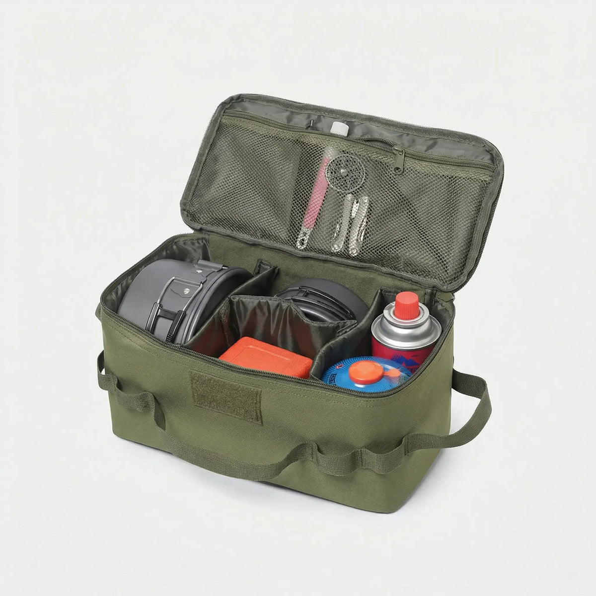 Large camping storage bag for canisters and cookware with reinforced handles