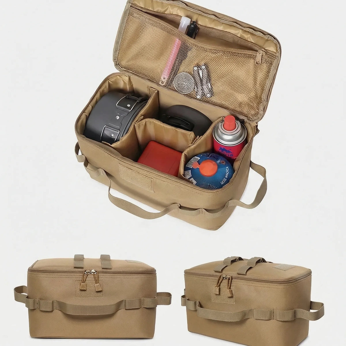 Large camping storage bag for canisters and cookware with reinforced handles
