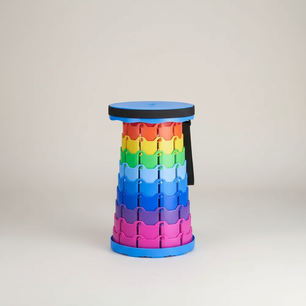 Compact retractable camping stool with adjustable height and wide base