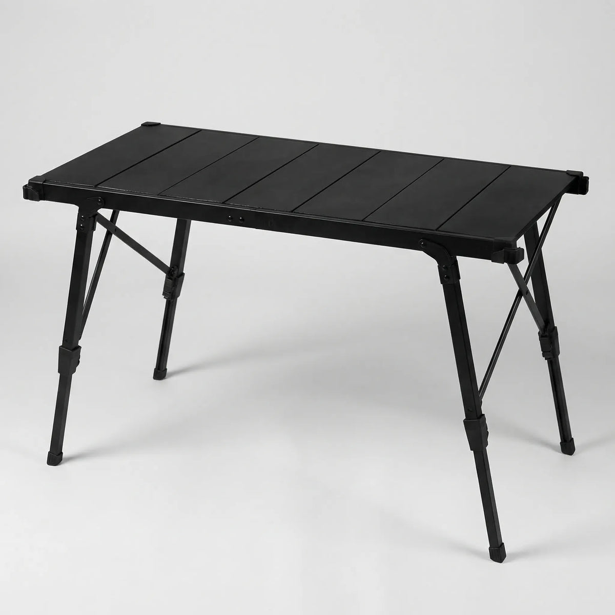 Collapsible outdoor camping table with adjustable legs and burner panel