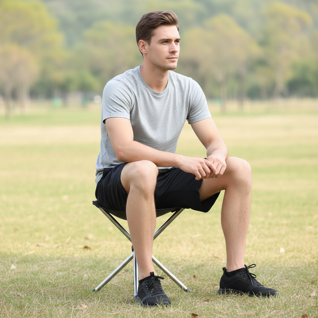 Compact folding camping stool with tripod design and rubber-tipped feet