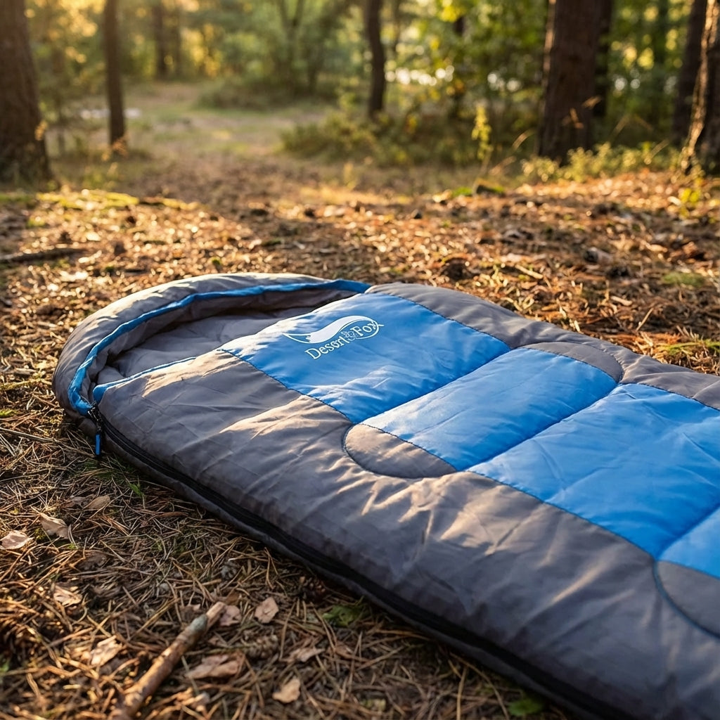Lightweight envelope-style sleeping bag with compression sack