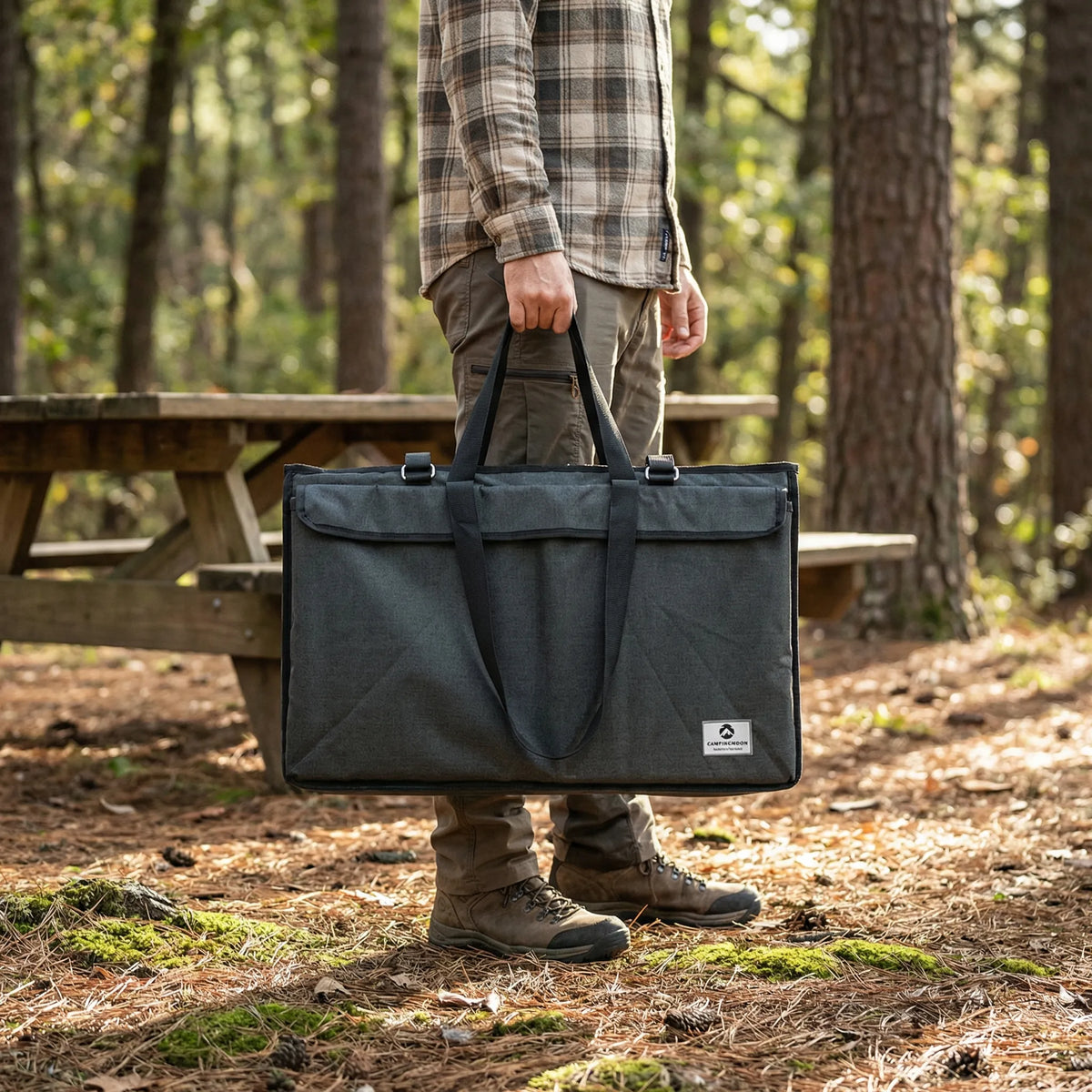 Portable foldable storage tote with reinforced handles and organiser pockets