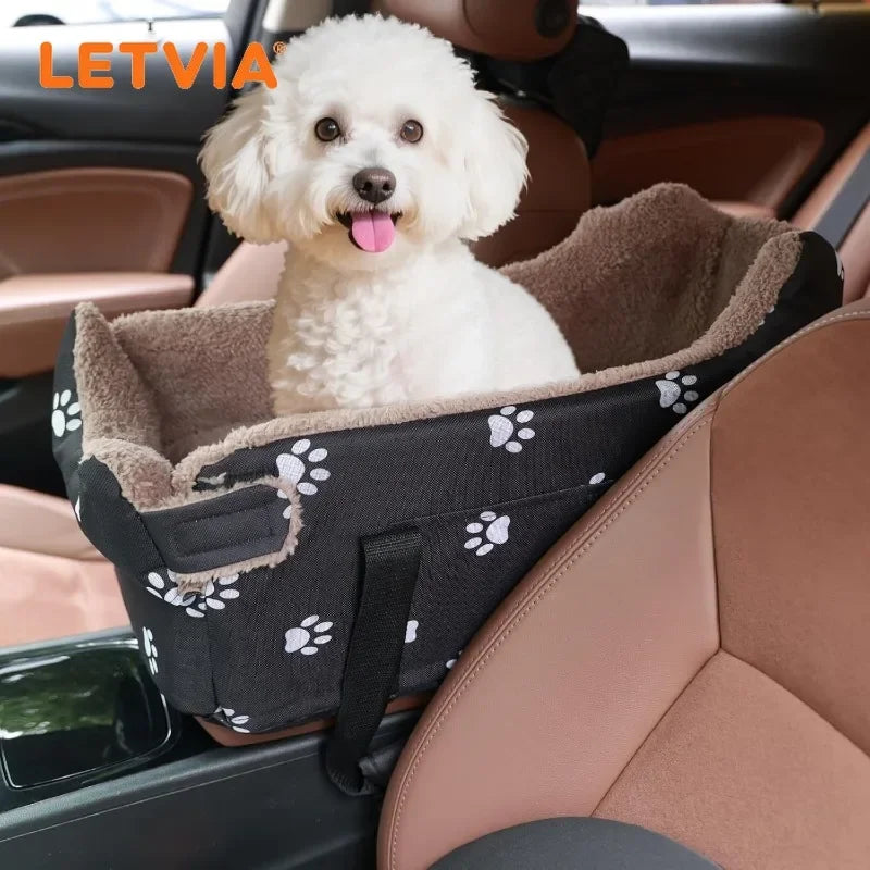 Padded centre console pet carrier for small dogs and cats in car