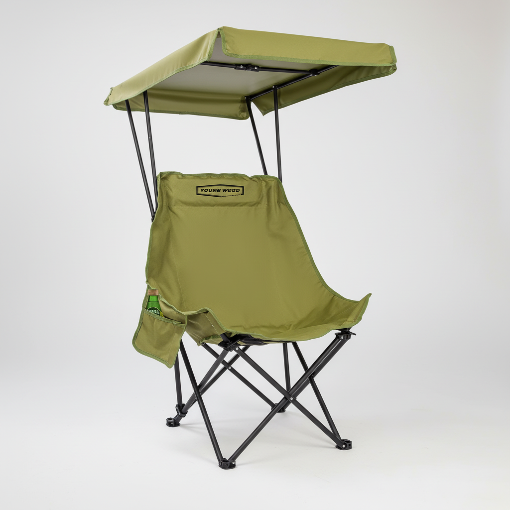 Oversized folding lounge chair with adjustable canopy and integrated pockets