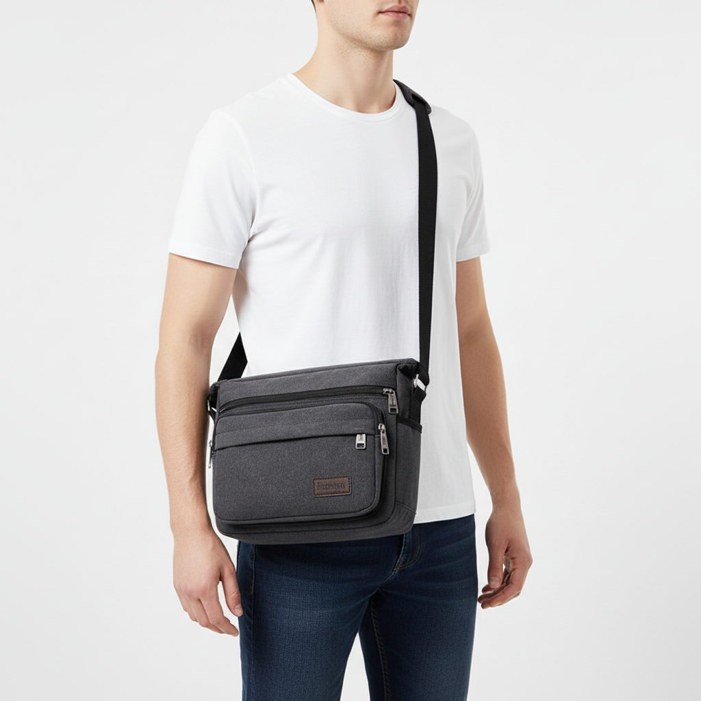 Canvas crossbody messenger bag with adjustable strap and multiple pockets