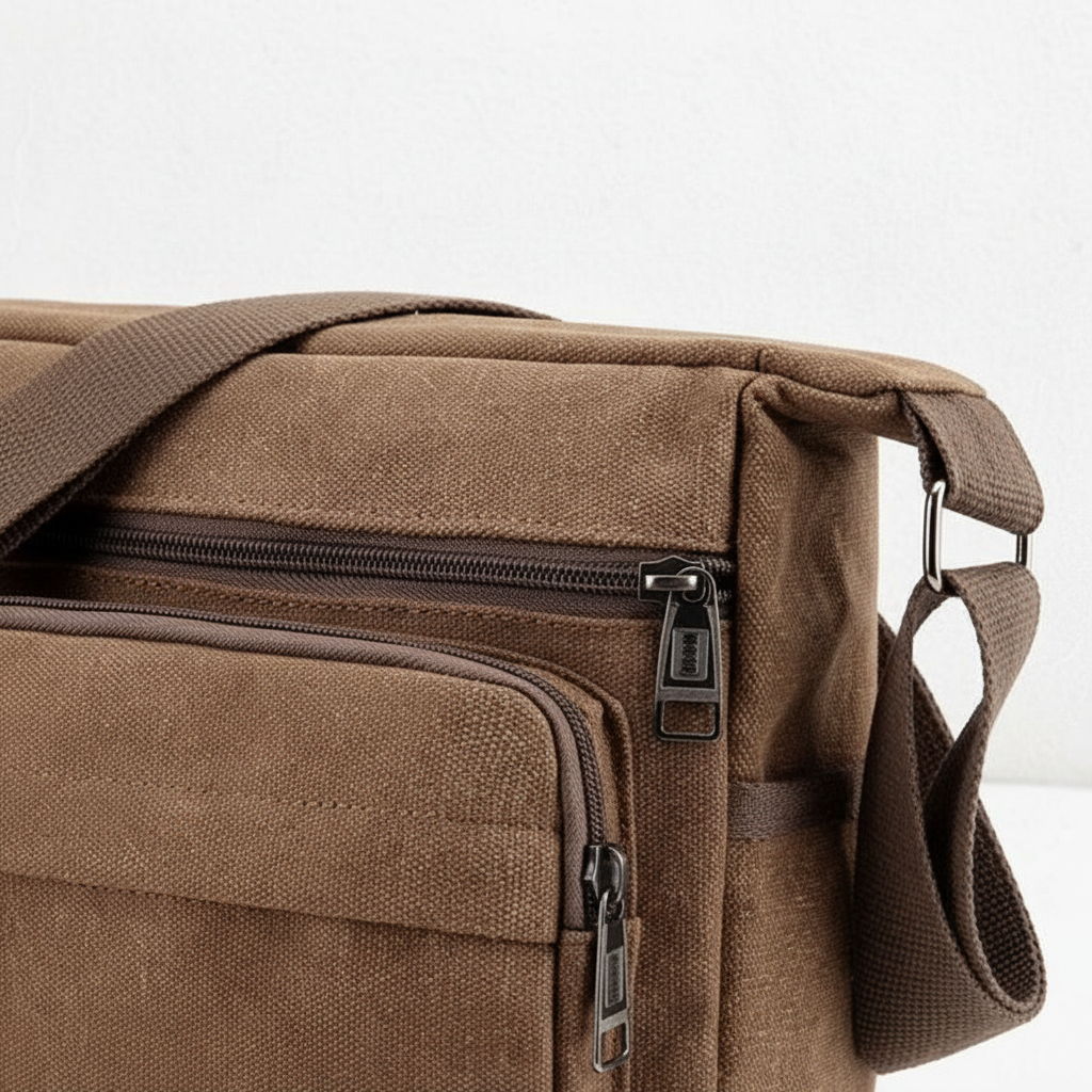 Canvas crossbody messenger bag with adjustable strap and multiple pockets