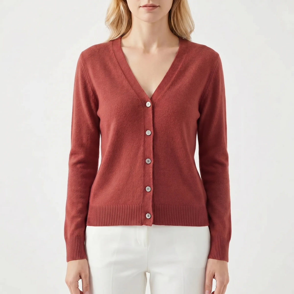 Women's V-neck button cardigan in fine knit with relaxed fit