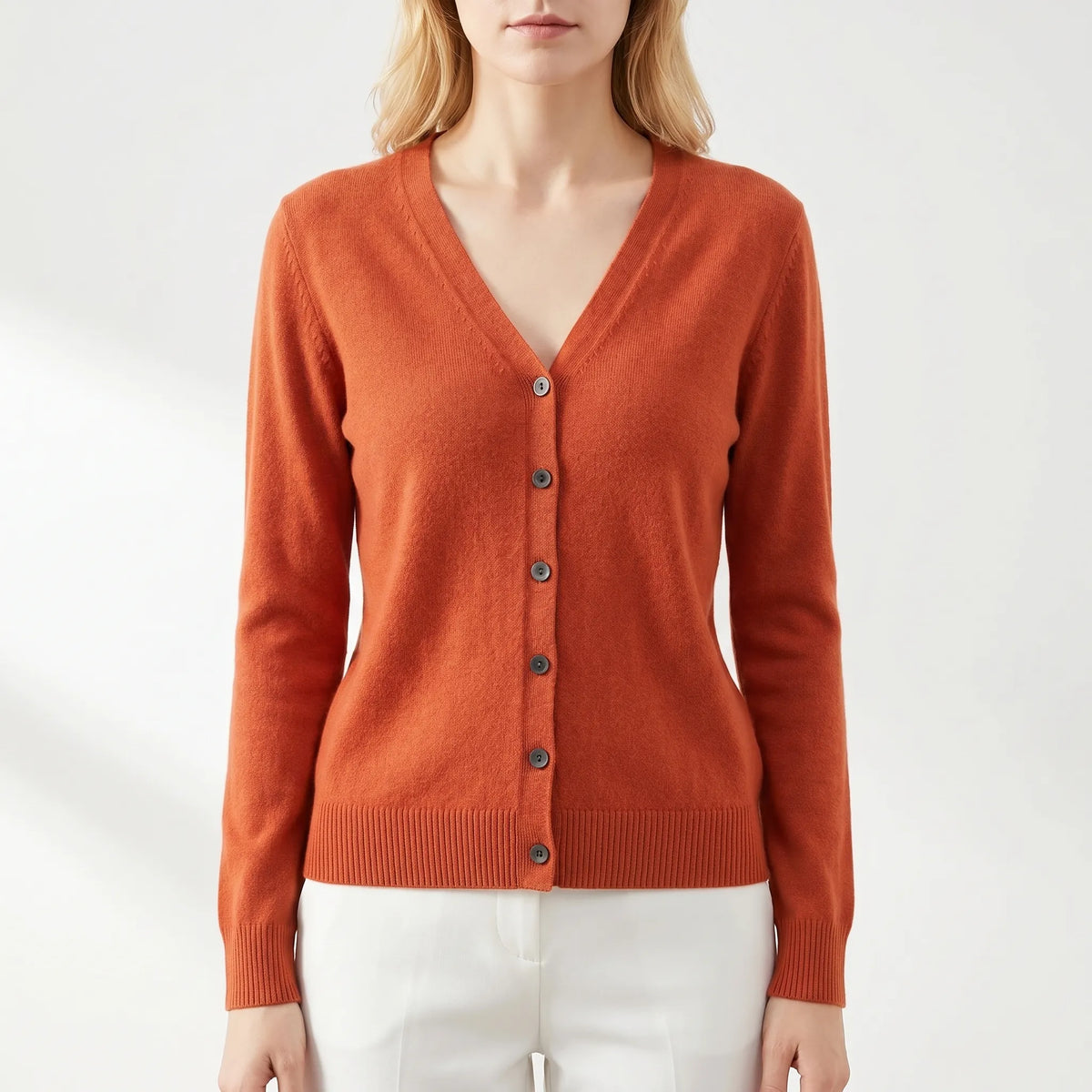 Women's V-neck button cardigan in fine knit with relaxed fit