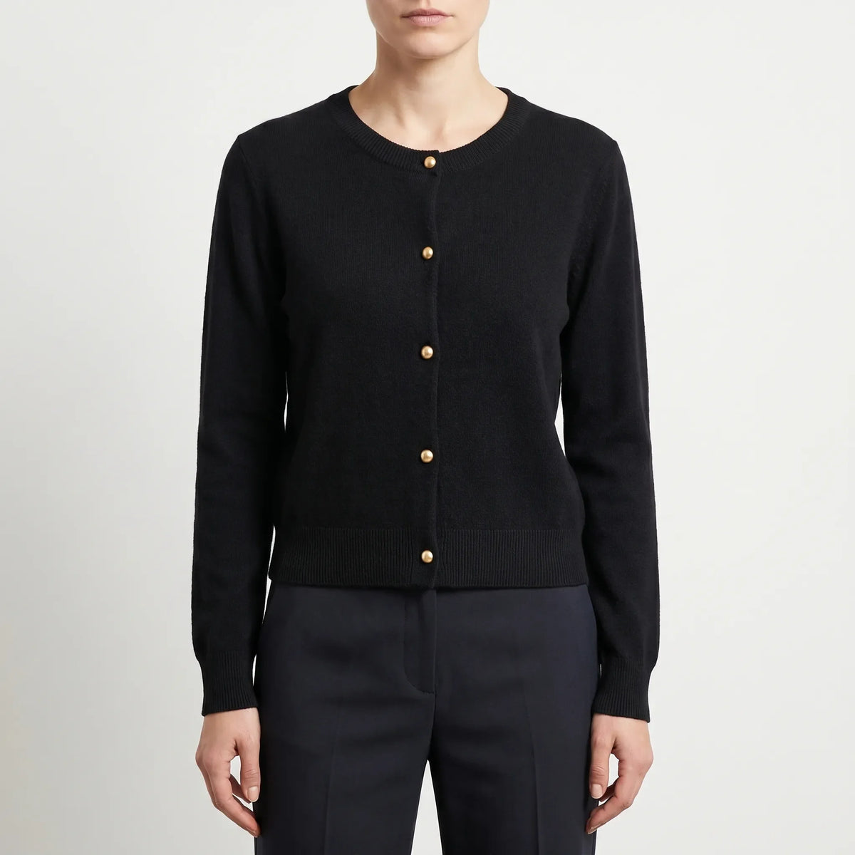 Women's fine knit cardigan with button front and round neckline