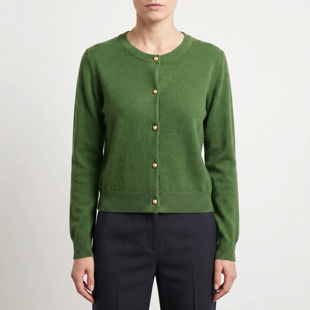 Women's fine knit cardigan with button front and round neckline