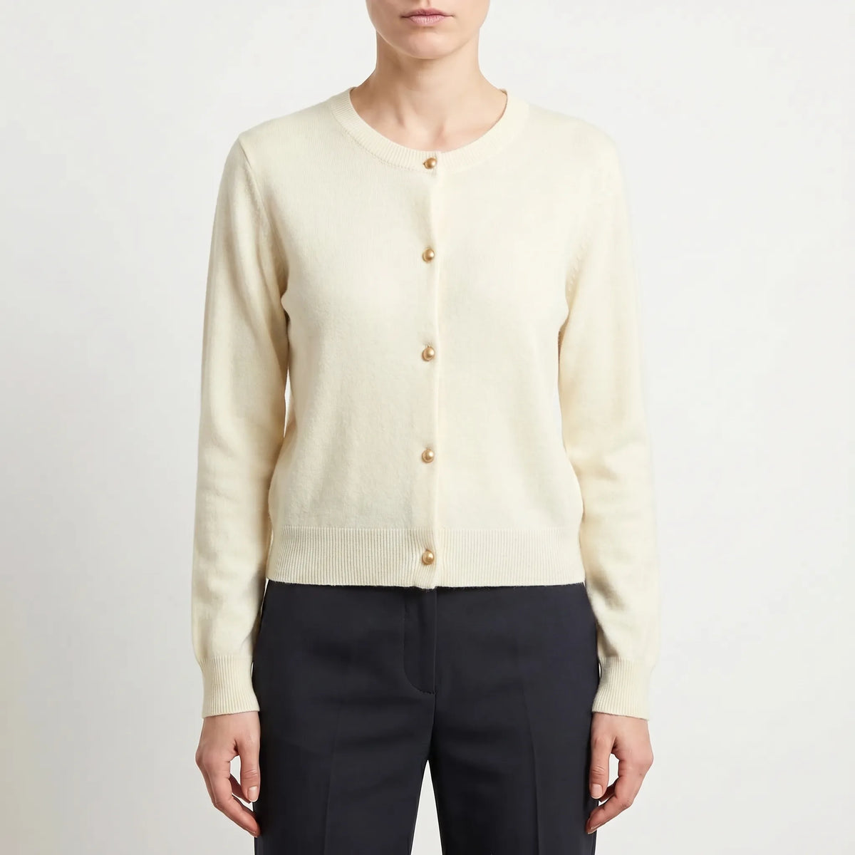 Women's fine knit cardigan with button front and round neckline