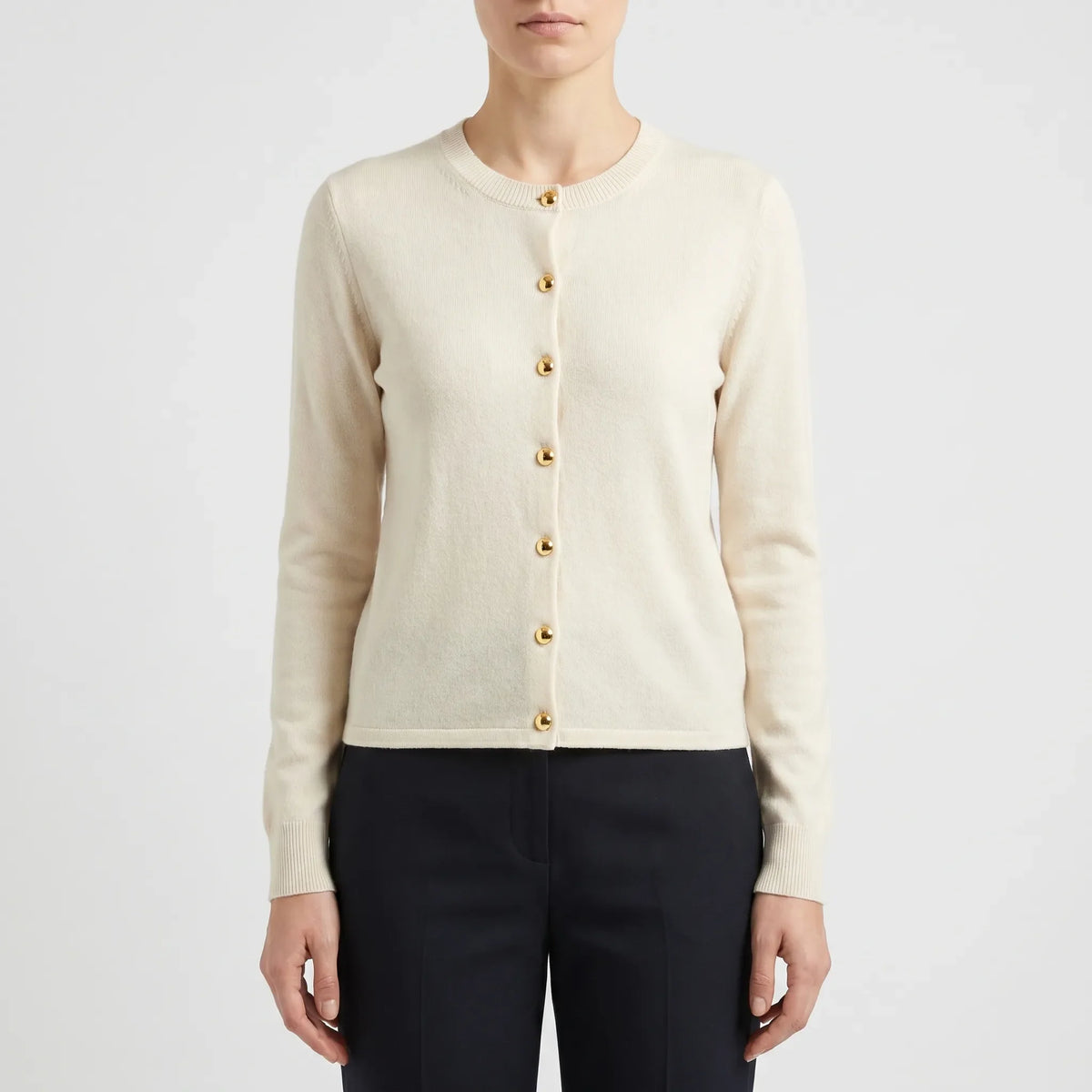 Women's fine knit cardigan with button front and round neckline