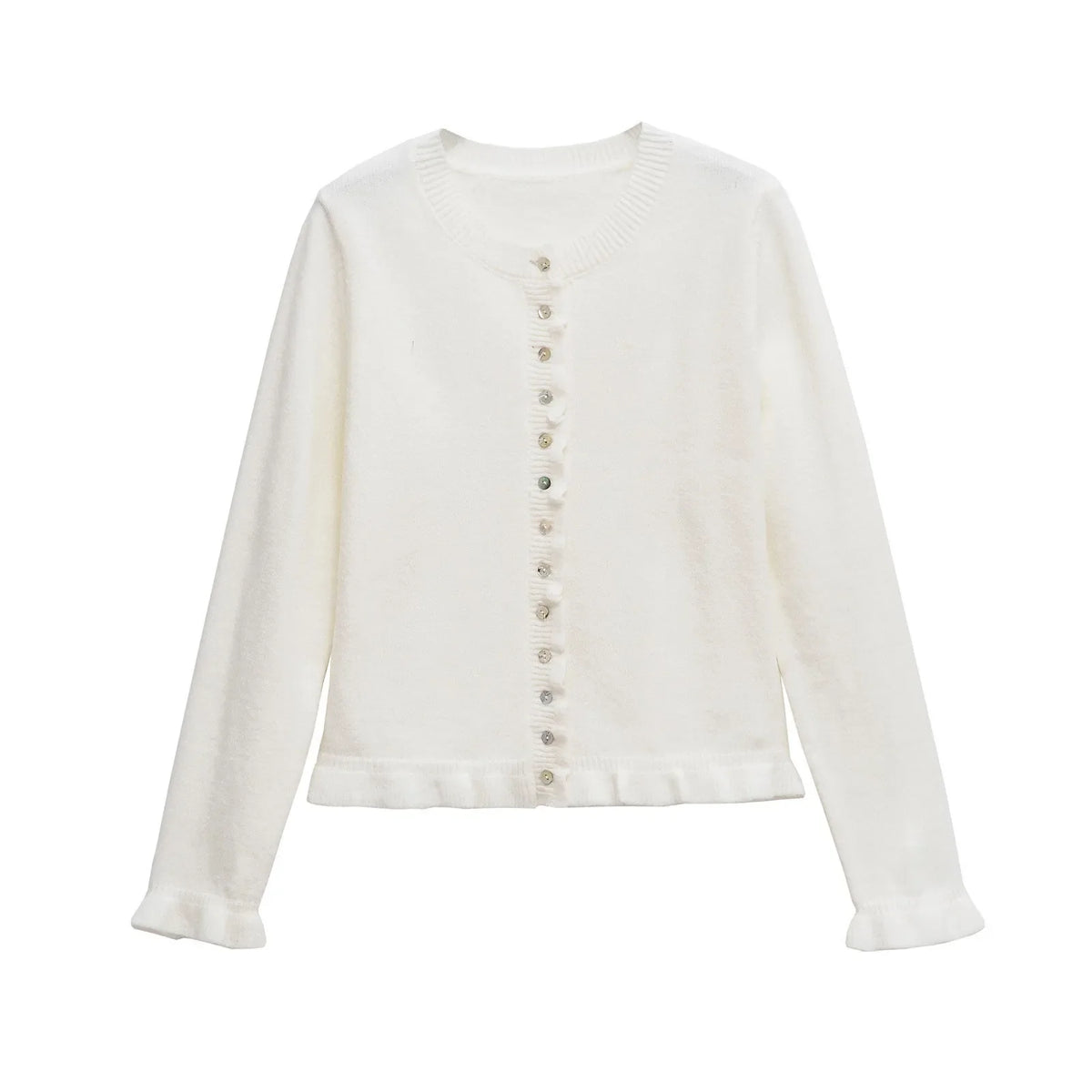 Open front knitted cardigan with frilled hem and button trim
