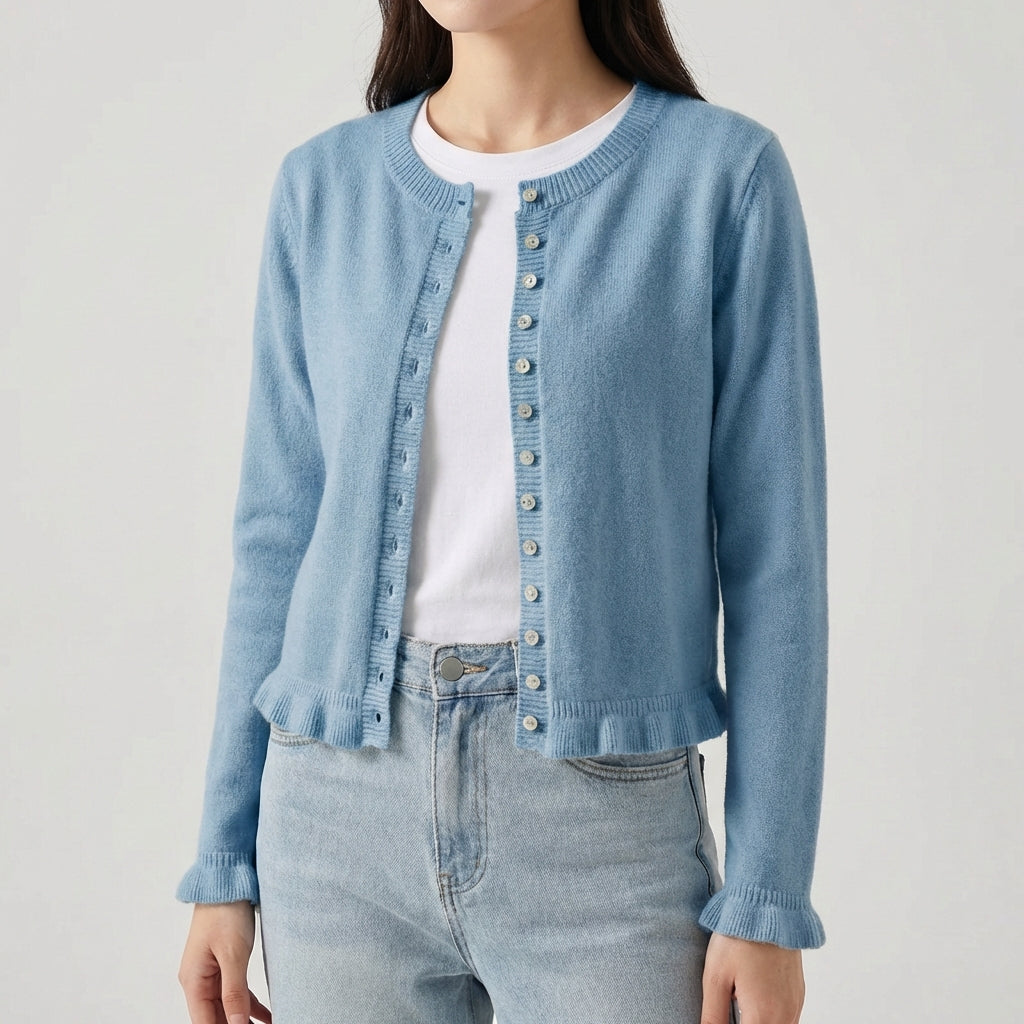 Open front knitted cardigan with frilled hem and button trim