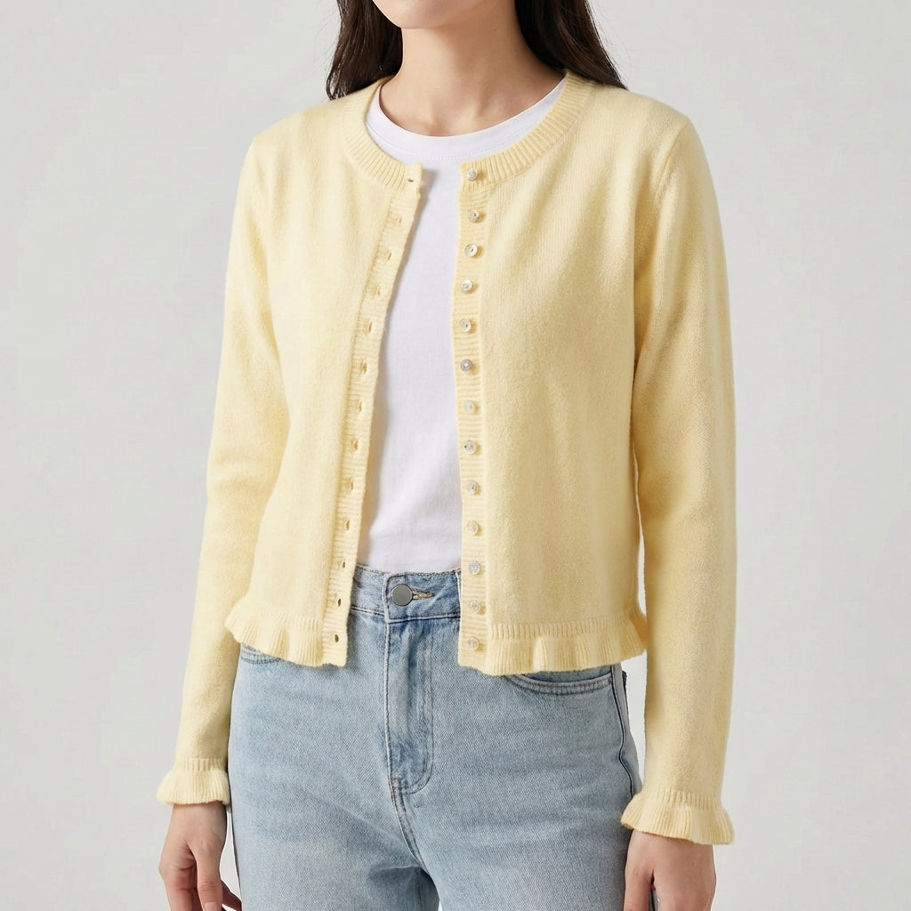 Open front knitted cardigan with frilled hem and button trim