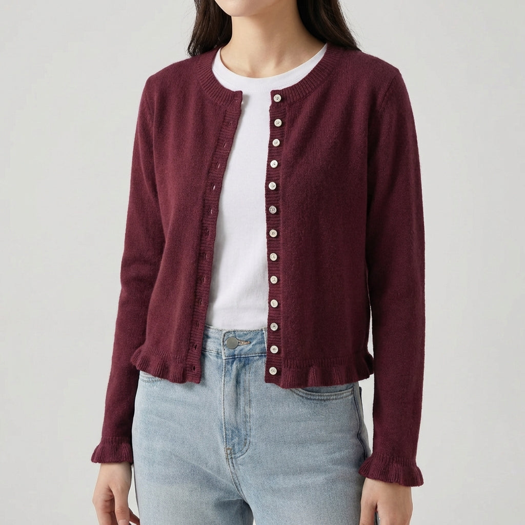 Open front knitted cardigan with frilled hem and button trim