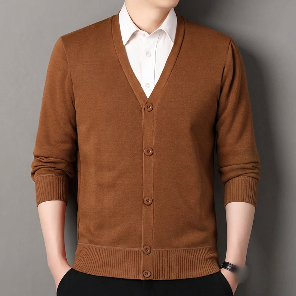 V neck button cardigan with ribbed cuffs and hem slim tailored fit