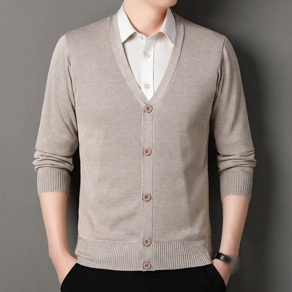 V neck button cardigan with ribbed cuffs and hem slim tailored fit