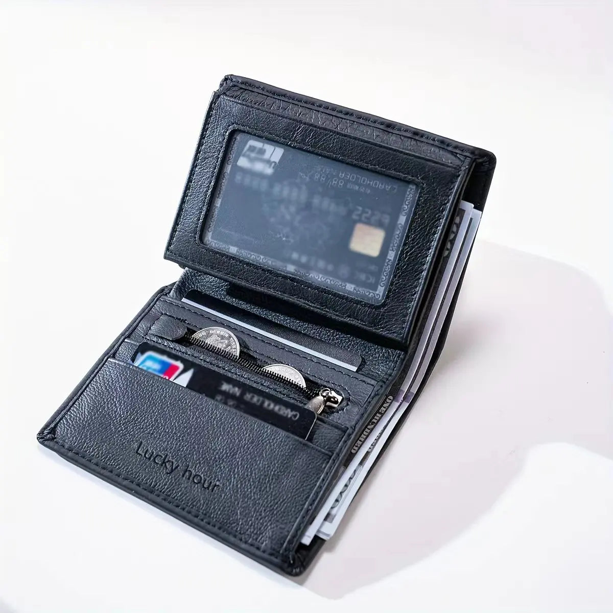 Minimalist bifold wallet with multiple card slots and zip coin pocket