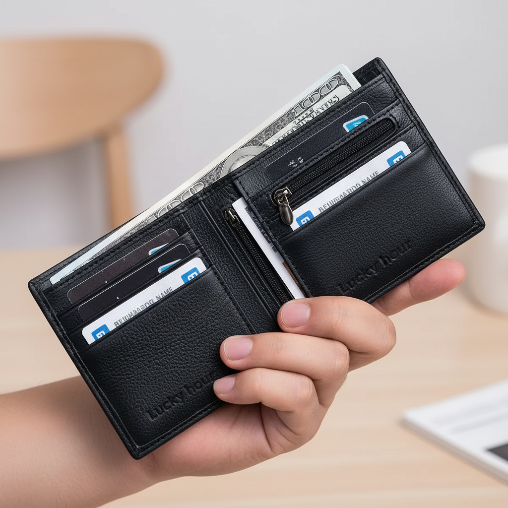 Minimalist bifold wallet with multiple card slots and zip coin pocket