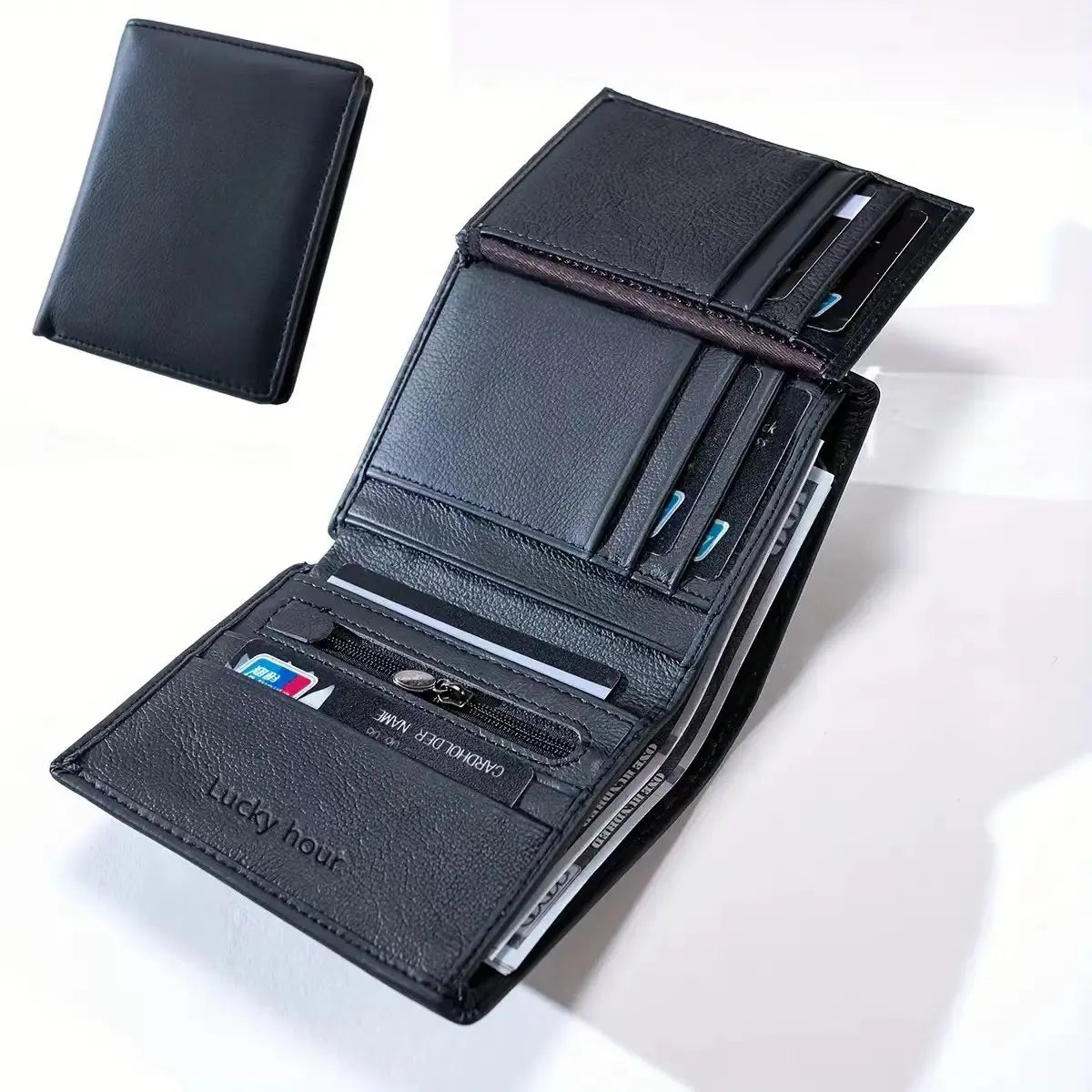 Minimalist bifold wallet with multiple card slots and zip coin pocket