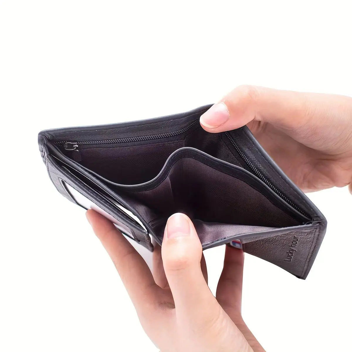 Minimalist bifold wallet with multiple card slots and zip coin pocket