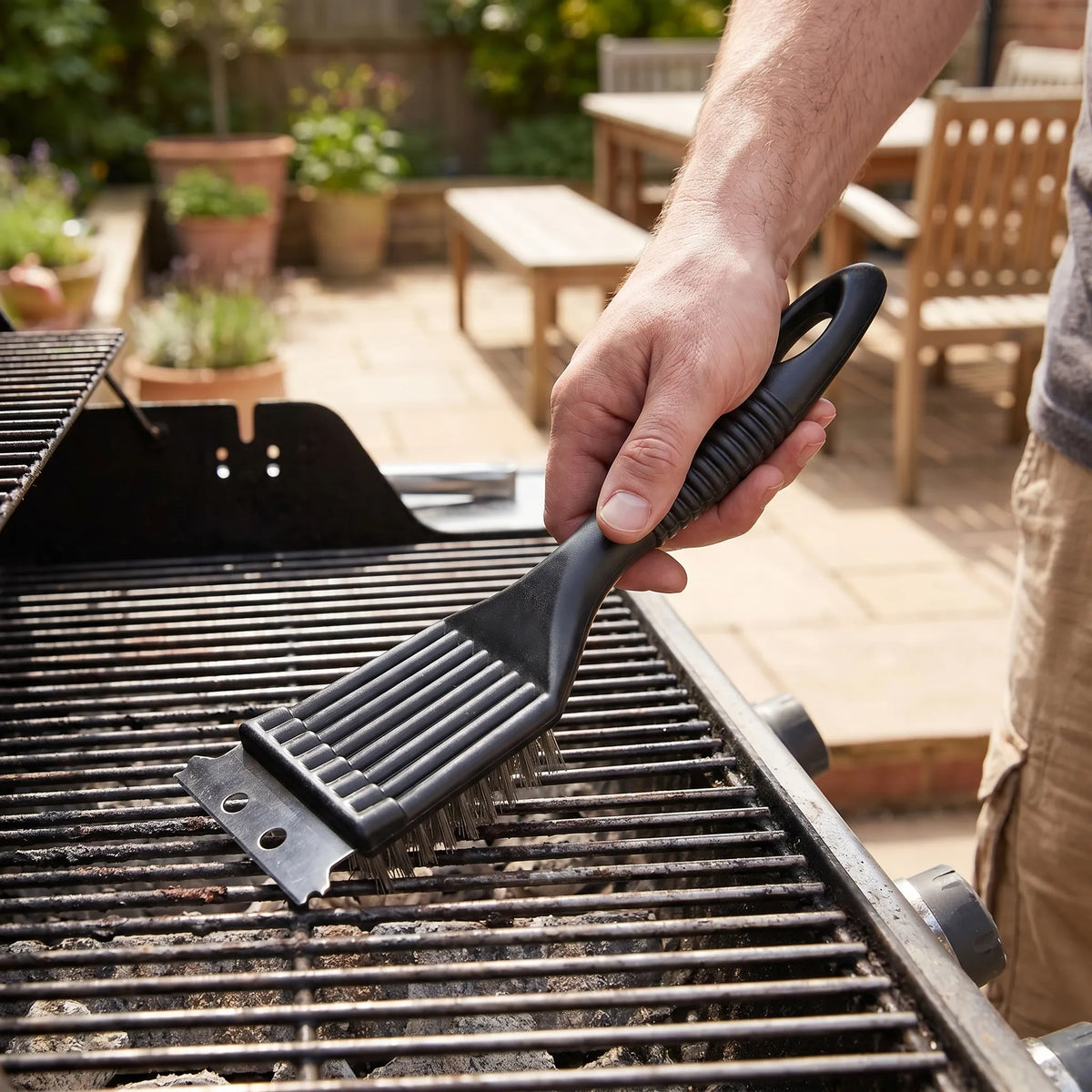 Heavy-duty barbecue grill brush with stiff bristles and rigid scraper