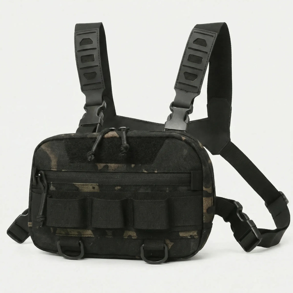 Compact front chest rig with quick access pockets and adjustable straps