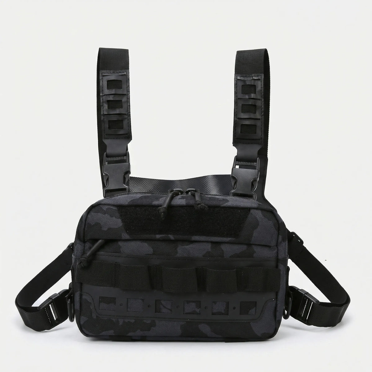 Compact front chest rig with quick access pockets and adjustable straps