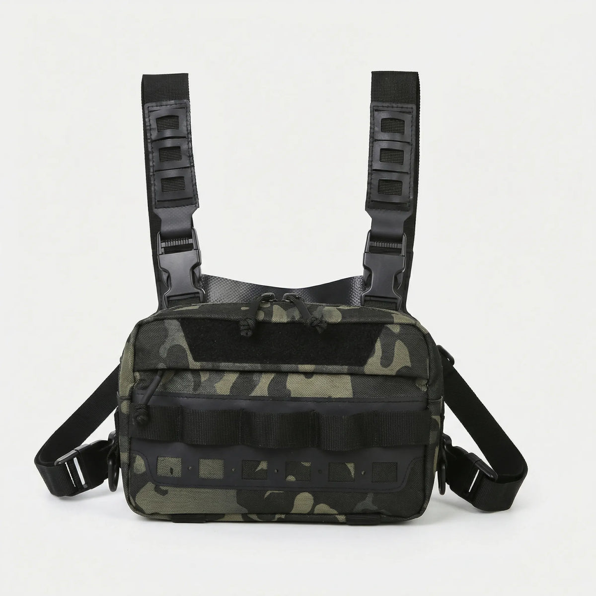 Compact front chest rig with quick access pockets and adjustable straps