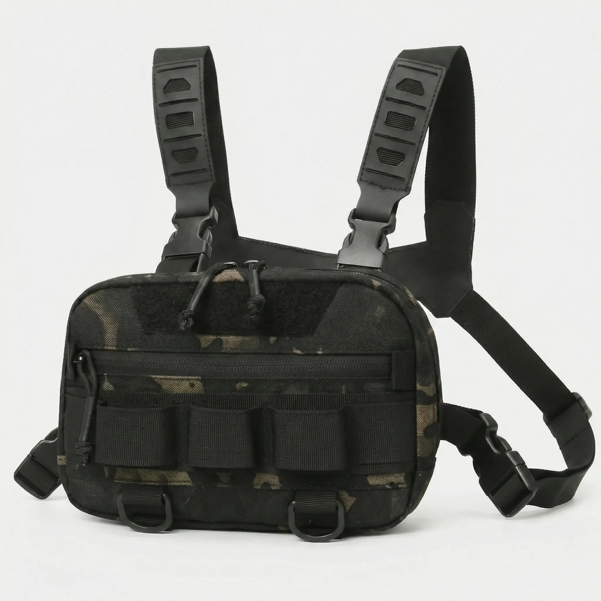 Compact front chest rig with quick access pockets and adjustable straps