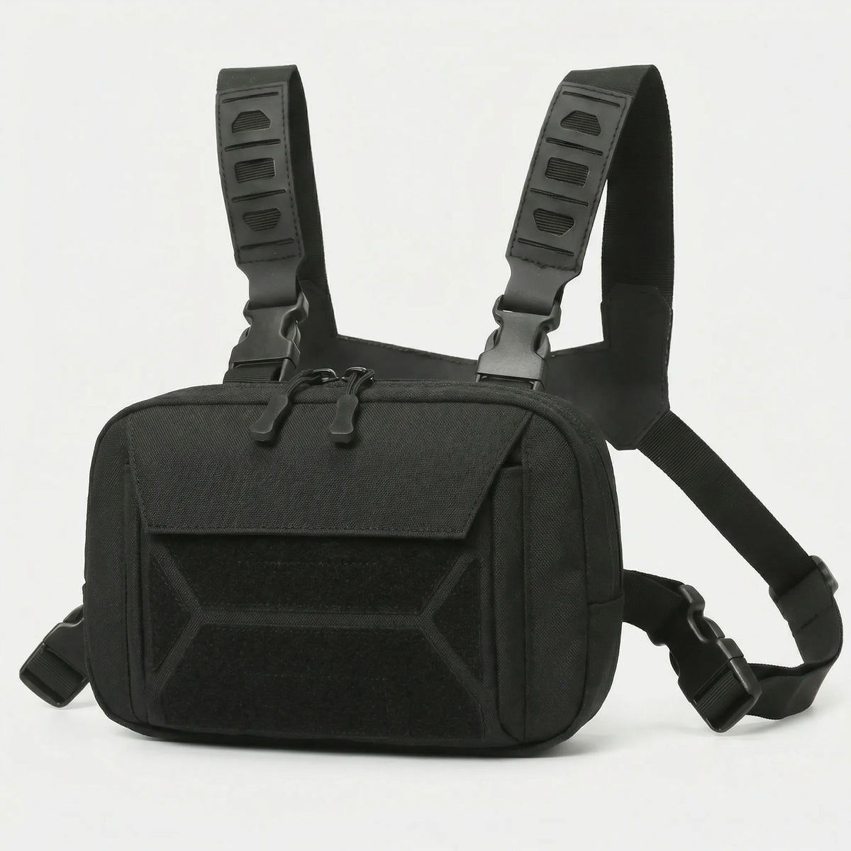 Compact front chest rig with quick access pockets and adjustable straps