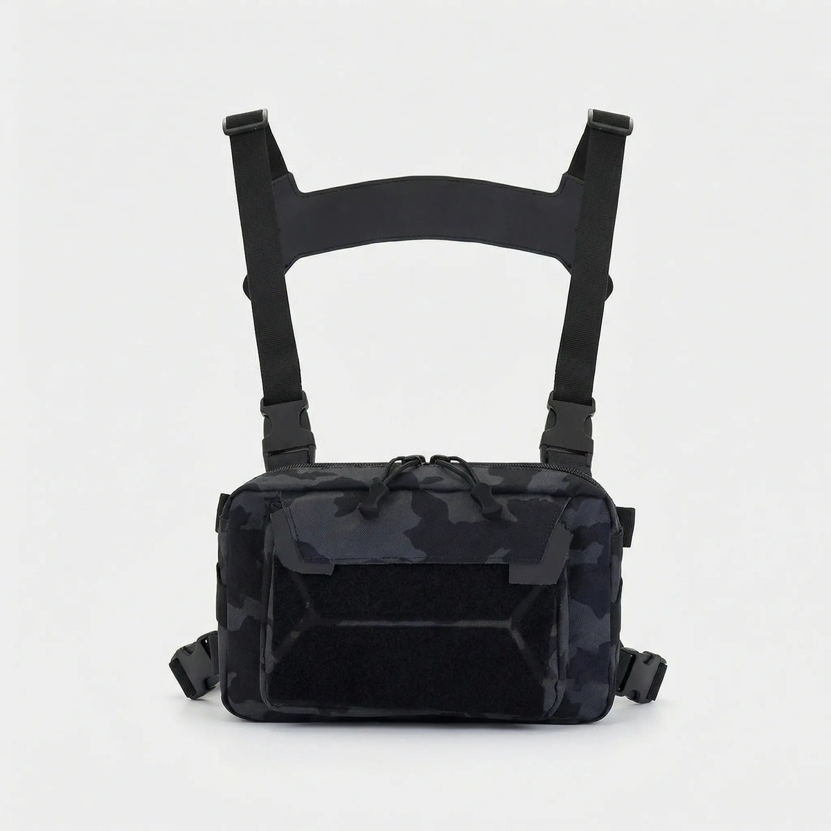 Compact front chest rig with quick access pockets and adjustable straps