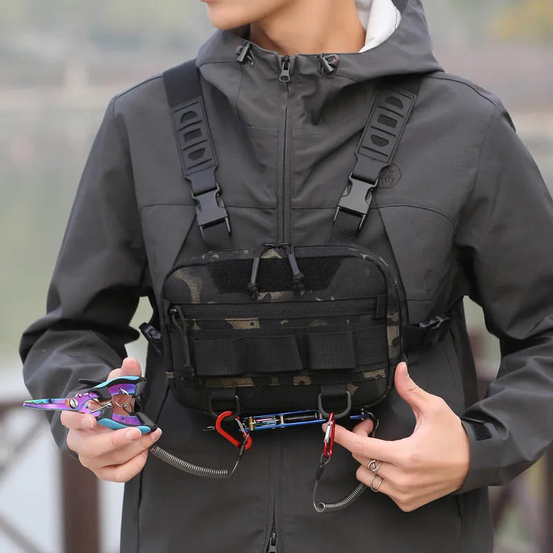 Compact front chest rig with quick access pockets and adjustable straps