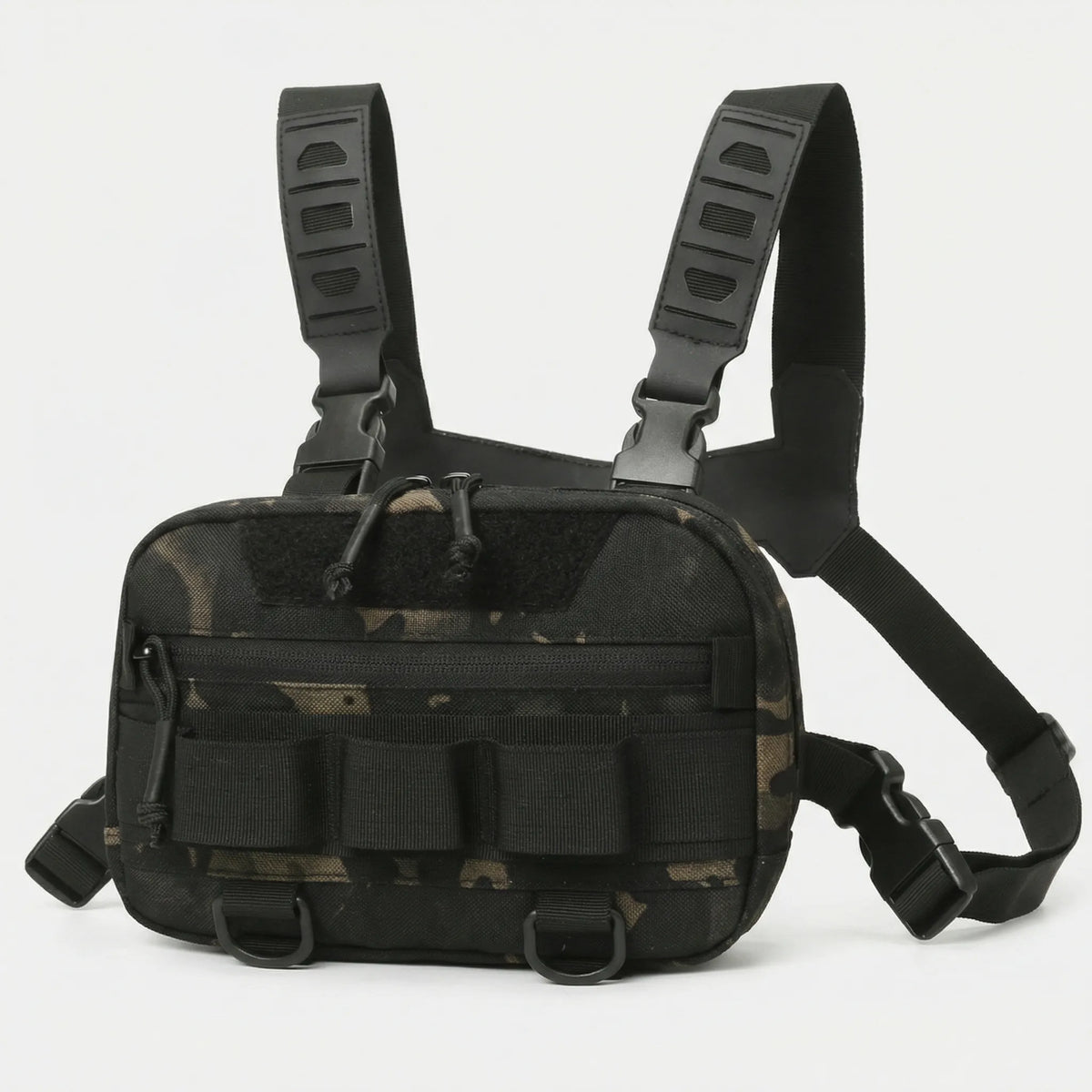 Compact front chest rig with quick access pockets and adjustable straps