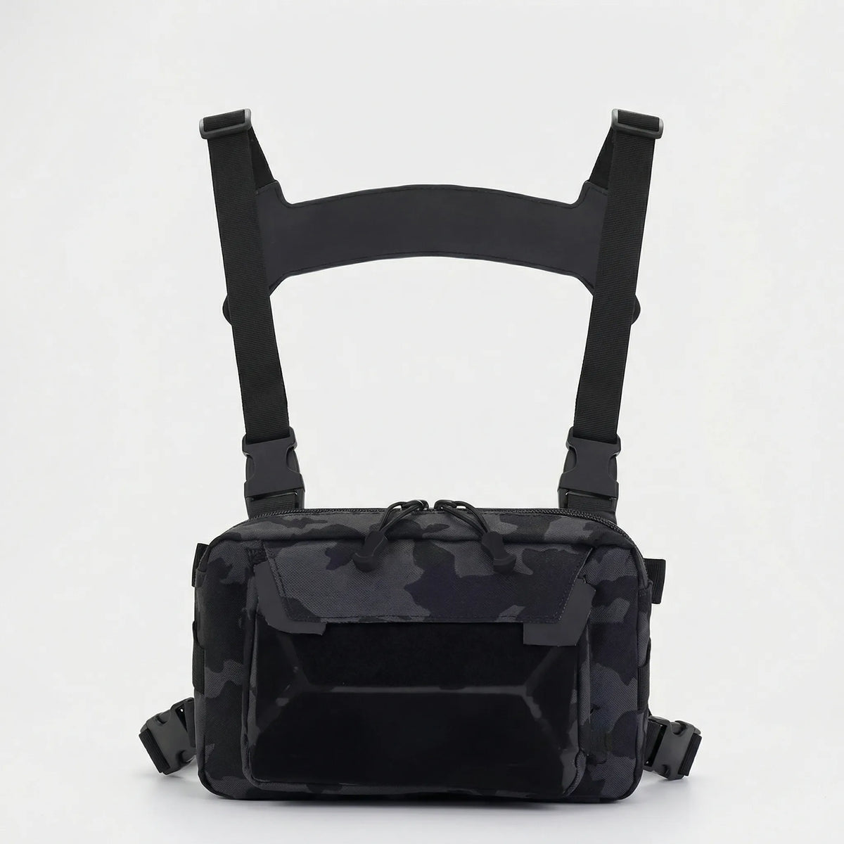 Compact front chest rig with quick access pockets and adjustable straps