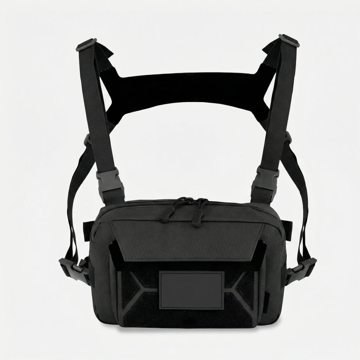 Compact front chest rig with quick access pockets and adjustable straps