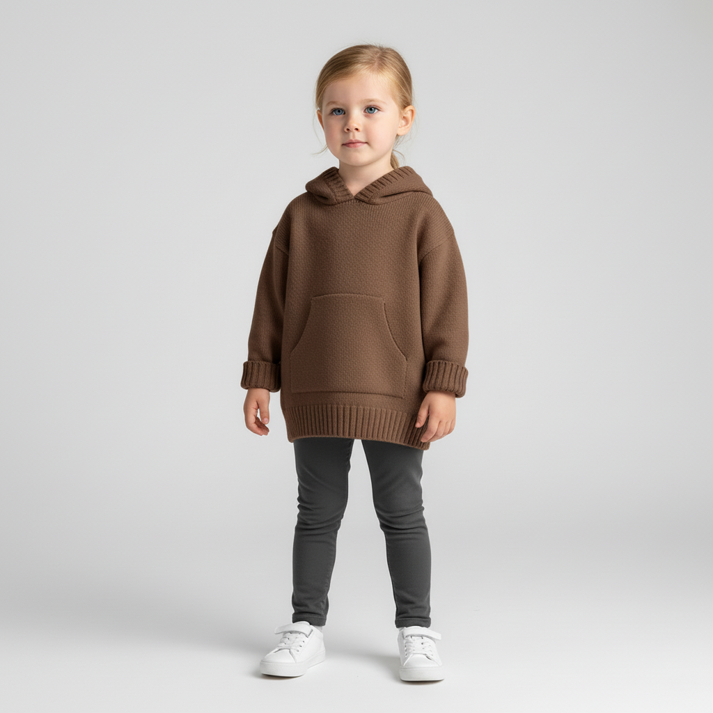 Kids hooded knit jumper with front pocket relaxed fit warm