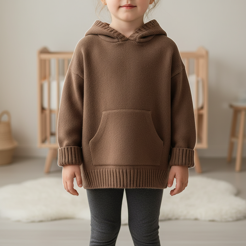 Kids hooded knit jumper with front pocket relaxed fit warm