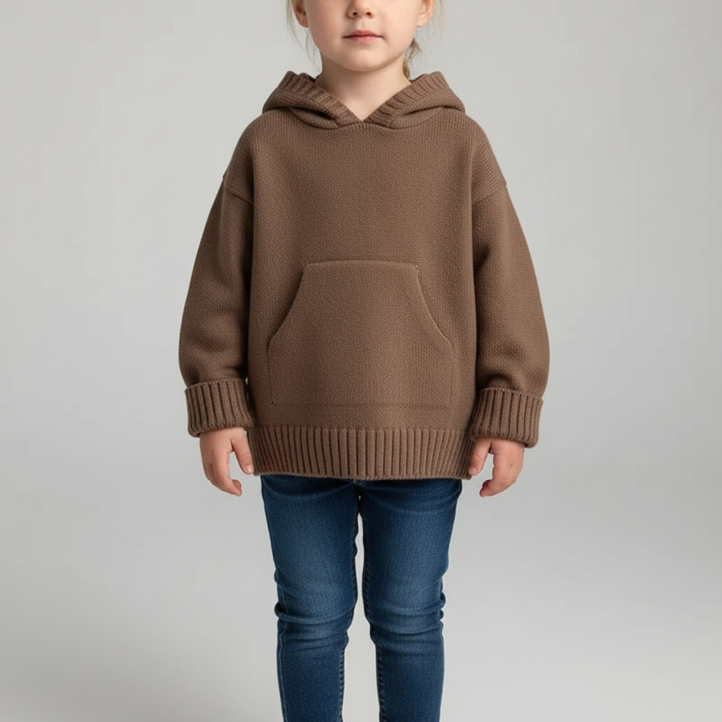 Kids hooded knit jumper with front pocket relaxed fit warm
