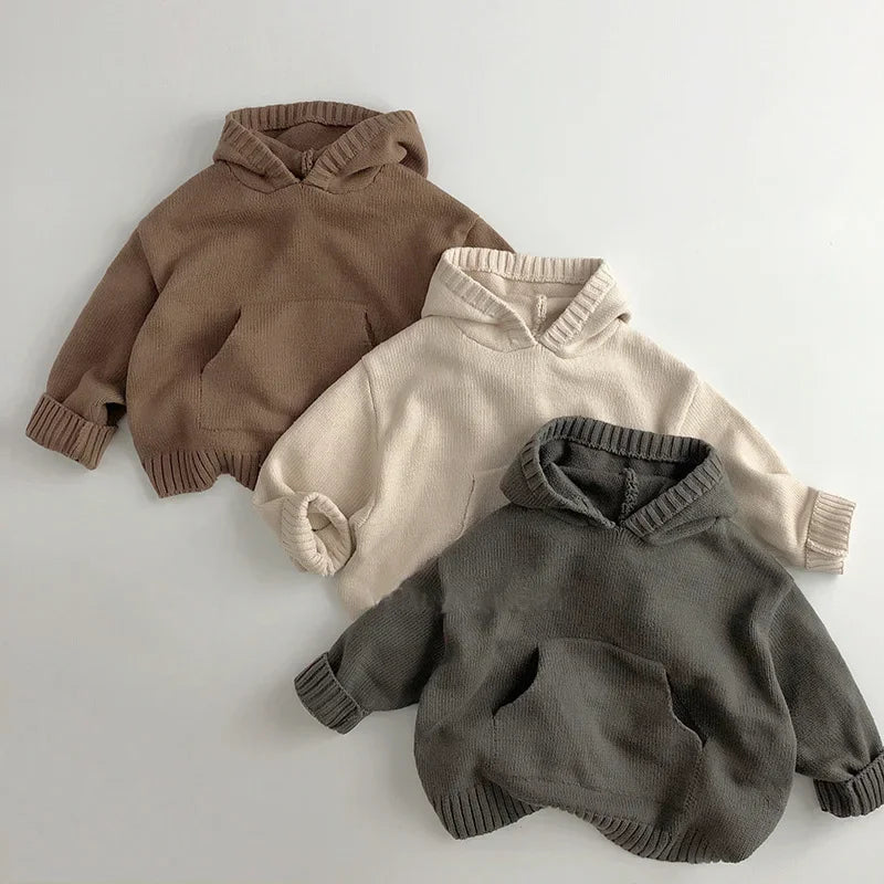 Kids hooded knit jumper with front pocket relaxed fit warm