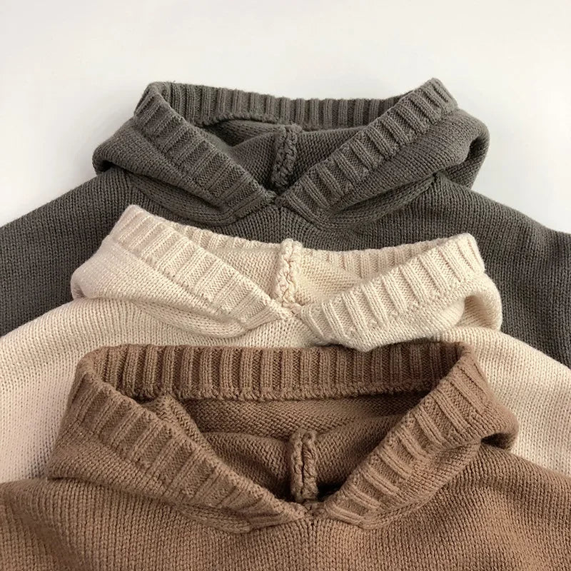 Kids hooded knit jumper with front pocket relaxed fit warm
