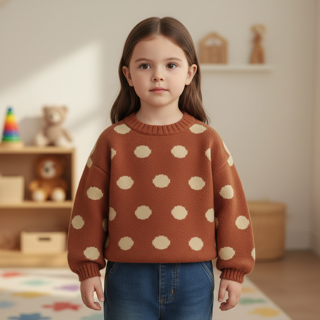 Kids polka-dot knit jumper with long sleeves and ribbed cuffs
