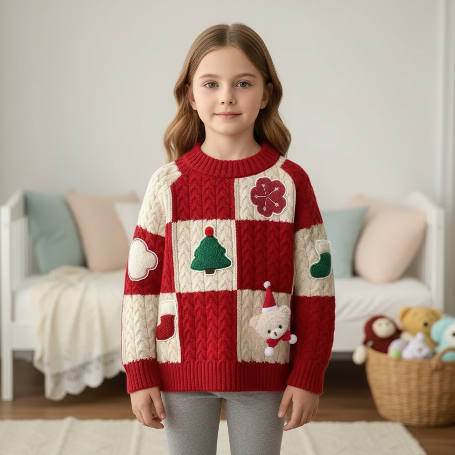 Kids Christmas jumper red cable knit with festive 3D appliqués