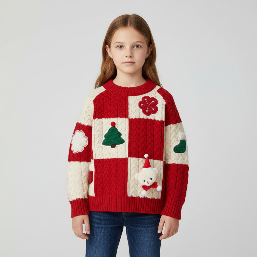 Kids Christmas jumper red cable knit with festive 3D appliqués