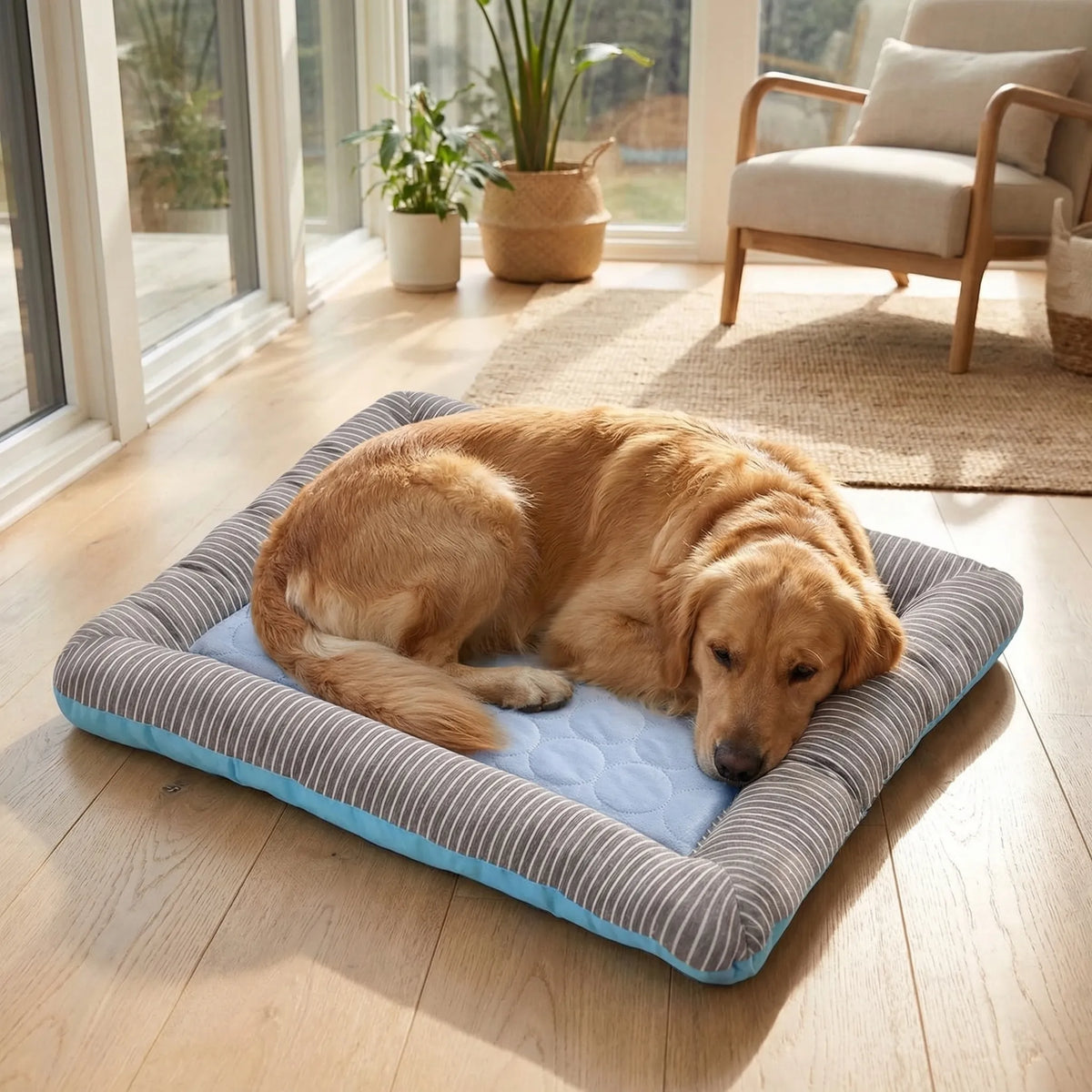 Pet cooling mat with cool-touch breathable fabric and padded border