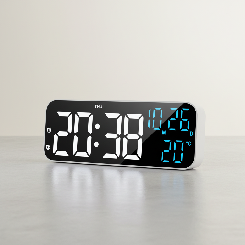 Digital LED alarm clock with large display showing time and temperature