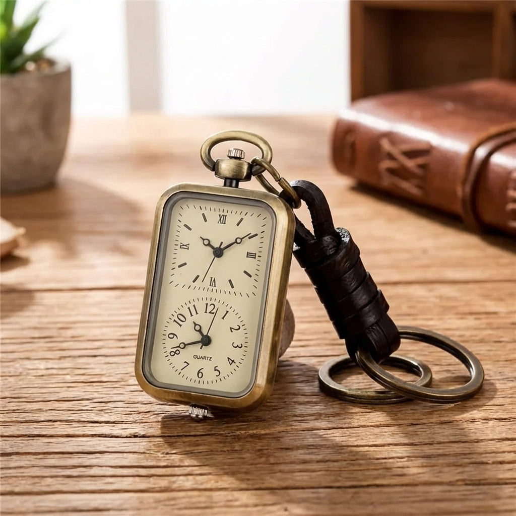 Retro square pendant watch with dual time dials and vintage styling