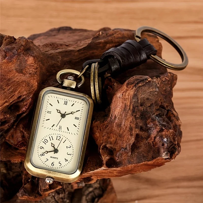 Retro square pendant watch with dual time dials and vintage styling